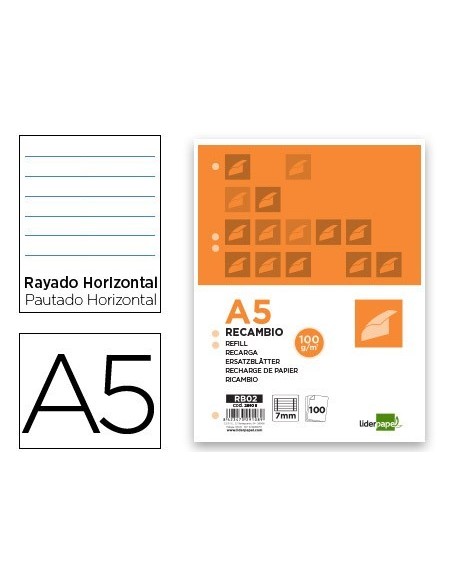 RECAMBIO LIDERPAPEL DIN A5 100 H 100G/M2 HORIZONTAL CON MARGEN 6 TALADROS