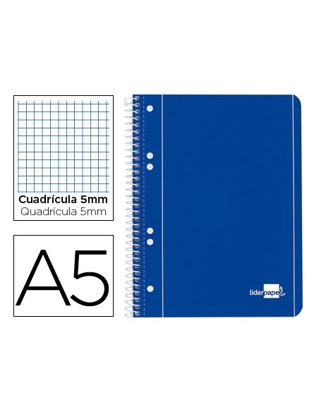 CUADERNO ESPIRAL LIDERPAPEL A5 MICRO SERIE AZUL TAPA BLANDA 80H 75 GR CUADRO5MM 6 TALADROS AZUL