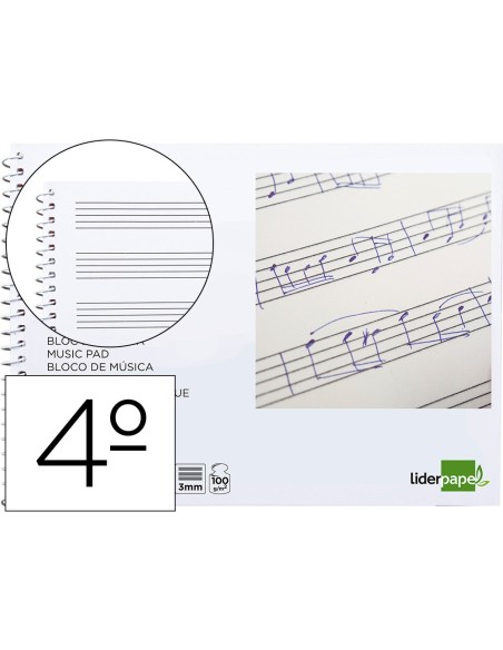 BLOC MUSICA LIDERPAPEL PENTAGRAMA 3MM CUARTO 20 HOJAS 100G/M2