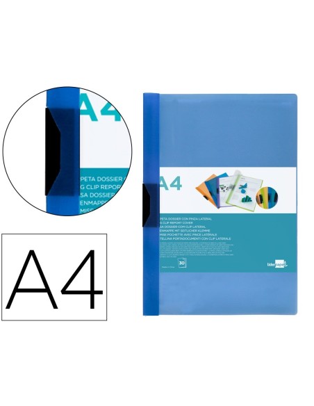 CARPETA LIDERPAPEL DOSSIER PINZA LATERAL 45302 POLIPROPILENO DIN A4 AZUL 30 HOJAS PINZA DESLIZANTE
