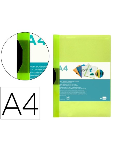 CARPETA LIDERPAPEL DOSSIER PINZA LATERAL 45303 POLIPROPILENO DIN A4 VERDE CLA30 HOJAS PINZA DESLIZANTE