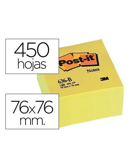 BLOC DE NOTAS ADHESIVAS QUITA Y PON POST-IT 76X76X45 MM CUBO COLORES AMARILLO 450 HOJAS