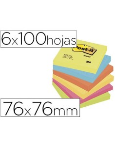BLOC DE NOTAS ADHESIVAS QUITA Y PON POST-IT 76X76 MM NEON PACK DE 6 BLOCS SURTIDO