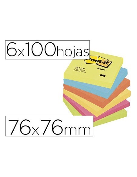 BLOC DE NOTAS ADHESIVAS QUITA Y PON POST-IT 76X76 MM NEON PACK DE 6 BLOCS SURTIDO