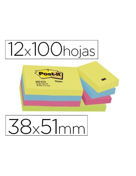 BLOC DE NOTAS ADHESIVAS QUITA Y PON POST-IT 38X51 MM NEON PACK DE 12 BLOCS SURTIDO