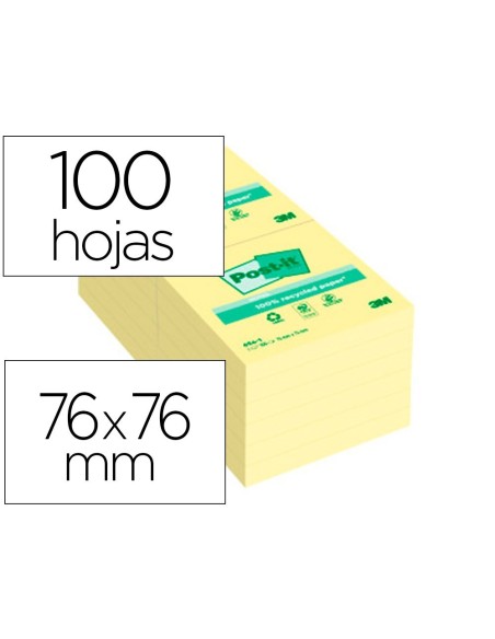 BLOC DE NOTAS ADHESIVAS QUITA Y PON POST-IT 76X76 MM PAPEL RECICLADO AMARILLO
