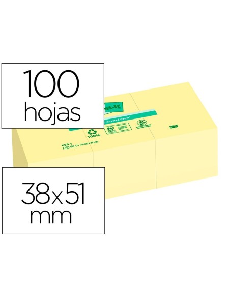 BLOC DE NOTAS ADHESIVAS QUITA Y PON POST-IT 38X51 MM PAPEL RECICLADO AMARILLO PACK DE 3 BLOCS 653-1