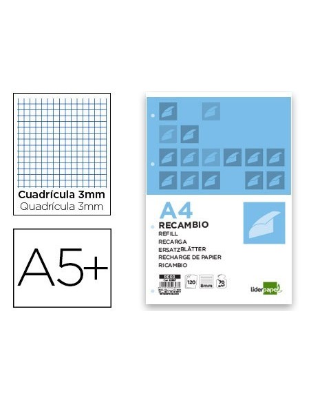 RECAMBIO LIDERPAPEL CUARTO 100 HOJAS 60G/M2 CUADRO 3MM CON MARGEN 6 TALADROS