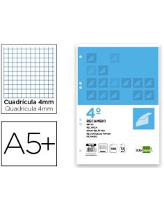RECAMBIO LIDERPAPEL CUARTO 100 HOJAS 60G/M2 CUADRO 4MM CON MARGEN 6 TALADROS