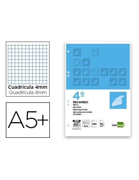 RECAMBIO LIDERPAPEL CUARTO 100 HOJAS 60G/M2 CUADRO 4MM CON MARGEN 6 TALADROS