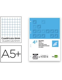 RECAMBIO LIDERPAPEL CUARTO 100 HOJAS 60G/M2 CUADRO 6MM CON MARGEN 6 TALADROS