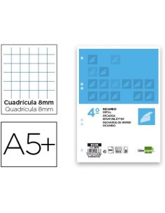 RECAMBIO LIDERPAPEL CUARTO 100 HOJAS 60G/M2 CUADRO 8MM CON MARGEN 6 TALADROS