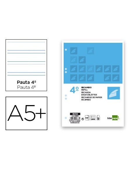 RECAMBIO LIDERPAPEL CUARTO 100 HOJAS 60G/M2 PAUTA 4a 3.5MM CON MARGEN 6 TALADROS