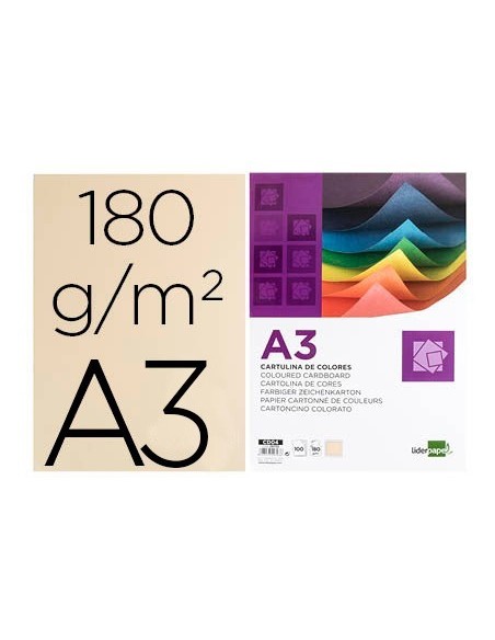 CARTULINA LIDERPAPEL A3 180G/M2 CREMA PAQUETE DE 100 HOJAS