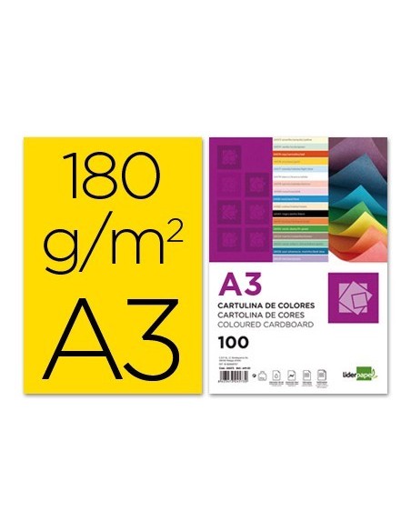 CARTULINA LIDERPAPEL A3 180G/M2 AMARILLO PAQUETE DE 100 HOJAS