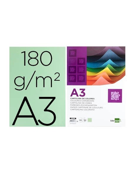 CARTULINA LIDERPAPEL A3 180G/M2 VERDE PAQUETE DE 100 HOJAS