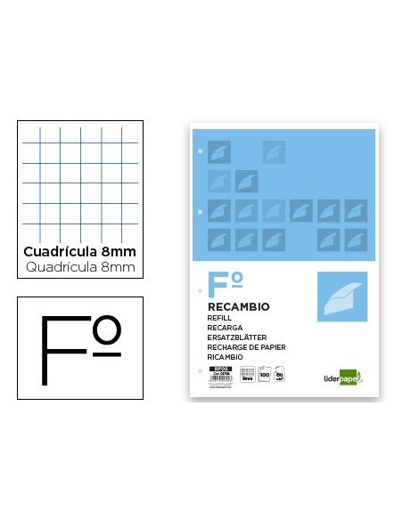 RECAMBIO LIDERPAPEL FOLIO 100 H 4TF-08 CUADRO 8 MM 4 TALADROS CON MARGEN