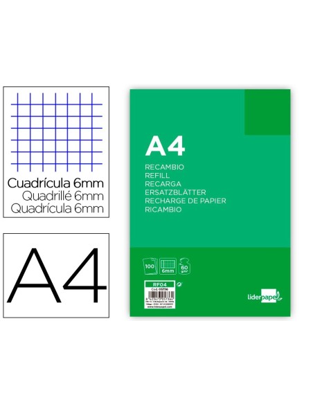 RECAMBIO LIDERPAPEL A4 100 HOJAS 60G/M2 CUADRO 6 MM 4 TALADROS CON MARGEN