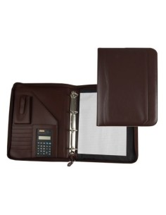 CARPETA PORTAFOLIOS Q-CONNECT CREMALLERA 4 ANILLAS 40 MM CONCALCULADORA CON BOLSA PARA MOVIL COLOR MARRON 260X355 MM