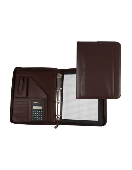 CARPETA PORTAFOLIOS Q-CONNECT CREMALLERA 4 ANILLAS 40 MM CONCALCULADORA CON BOLSA PARA MOVIL COLOR MARRON 260X355 MM