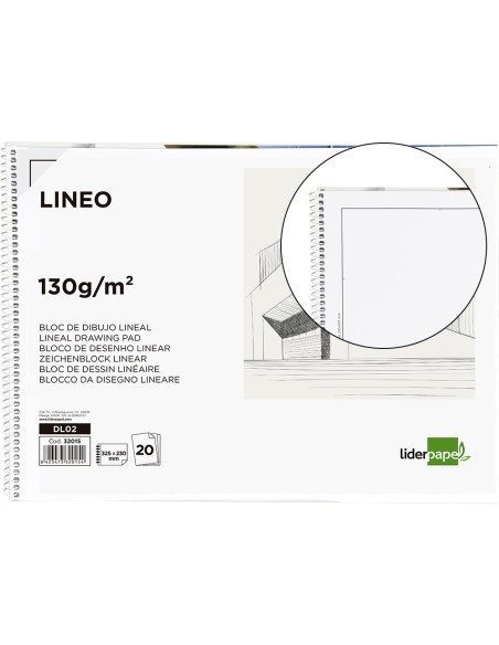 BLOC DIBUJO LIDERPAPEL LINEAL ESPIRAL 230X325MM 20 HOJAS 130G/M2 CON RECUADRO PERFORADO