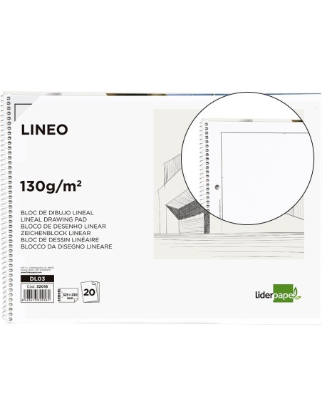 BLOC DIBUJO LIDERPAPEL LINEAL ESPIRAL 230X325MM 20 HOJAS 130G/M2 CON RECUADRO 2 TALADROS PERFORADO