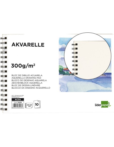 BLOC DIBUJO LIDERPAPEL ACUARELA ESPIRAL 297X210MM 10 HOJAS 300G/M2 SIN RECUADRO