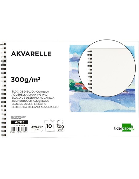 BLOC DIBUJO LIDERPAPEL ACUARELA ESPIRAL 297X420MM 10 HOJAS 300G/M2 SIN RECUADRO