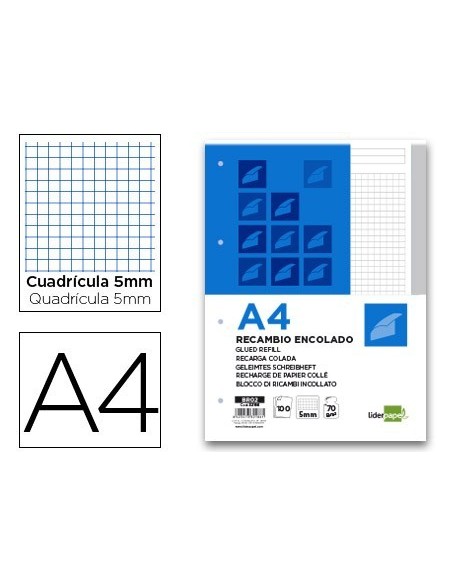BLOC ENCOLADO LIDERPAPEL CUADRO 5MM GRIS A4 NATURAL 100 HOJAS 70 G/M2