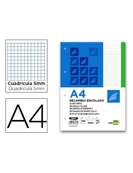 BLOC ENCOLADO LIDERPAPEL CUADRO 5MM VERDE A4 NATURAL 100 HOJAS 70 G/M2