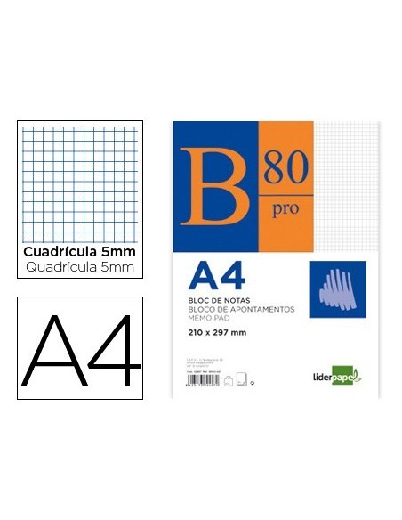 BLOC NOTAS LIDERPAPEL CUADRO 5MM A4 80 HOJAS 60G/M2 ENCOLADO
