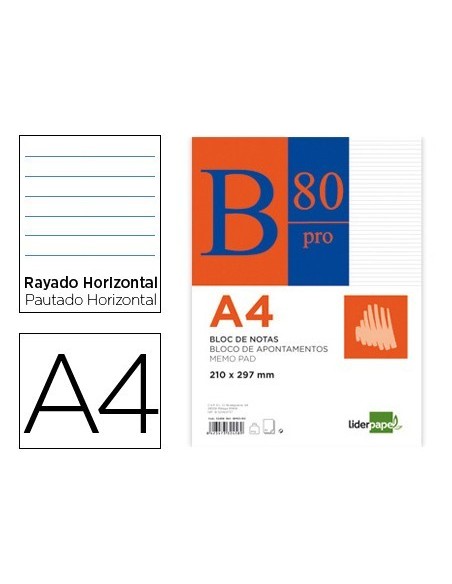 BLOC NOTAS LIDERPAPEL HORIZONTAL A4 80 HOJAS 60G/M2 ENCOLADO