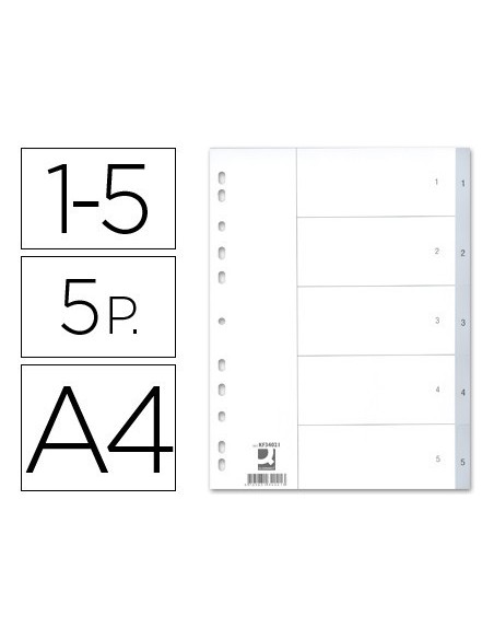 SEPARADOR NUMERICO Q-CONNECT PLASTICO 1-5 JUEGO DE 5 SEPARADORES DIN A4 MULTITALADRO