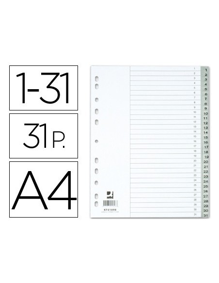 SEPARADOR NUMERICO Q-CONNECT PLASTICO 1-31 JUEGO DE 31 SEPARADORES DIN A4 MULTITALADRO