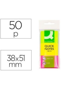 BLOC DE NOTAS ADHESIVAS QUITA Y PON Q-CONNECT 38X51 MM NEON PACK DE 3 UNIDADES CON 50 HOJAS POR COLOR