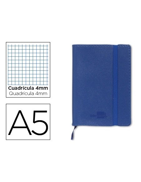 LIBRETA LIDERPAPEL SIMIL PIEL A5 120 HOJAS 70G/M2 CUADRO 4MM SIN MARGEN AZUL