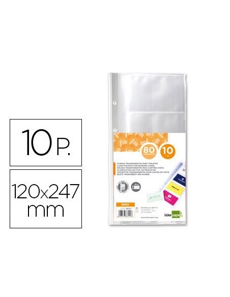RECAMBIO FUNDAS LIDERPAPEL PARA TARJETERO TJ01 BOLSA DE 10 HOJAS CAPACIDAD 8 TARJETAS POR HOJA