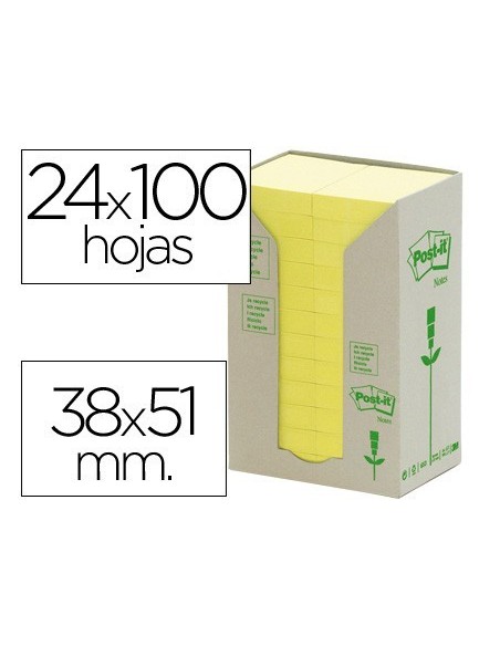 BLOC DE NOTAS ADHESIVAS QUITA Y PON RECICLADAS EN TORRE POST-IT 38 X 51 MM 24 BLOCS 653 RECICLADO
