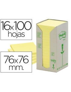 BLOC DE NOTAS ADHESIVAS QUITA Y PON RECICLADAS EN TORRE POST-IT 76 X 76 MM 16 BLOCS 654 RECICLADO