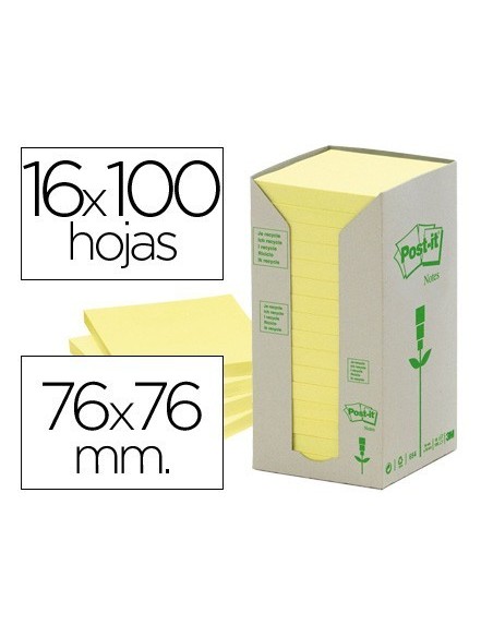 BLOC DE NOTAS ADHESIVAS QUITA Y PON RECICLADAS EN TORRE POST-IT 76 X 76 MM 16 BLOCS 654 RECICLADO