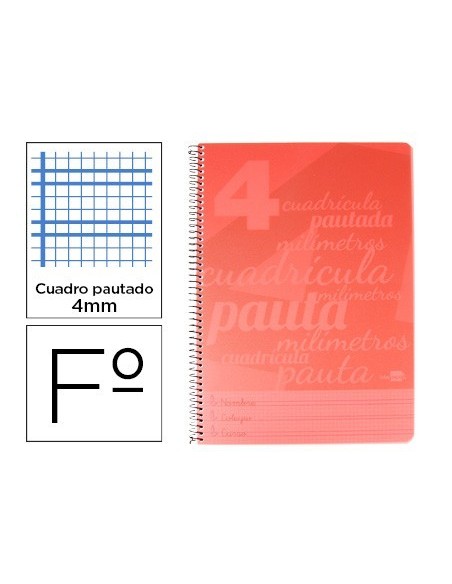 CUADERNO ESPIRAL LIDERPAPEL FOLIO PAUTAGUIA TAPA PLASTICO 80H 75GR CUADRO PAUTADO 4MM CON MARGEN COLOR ROJO