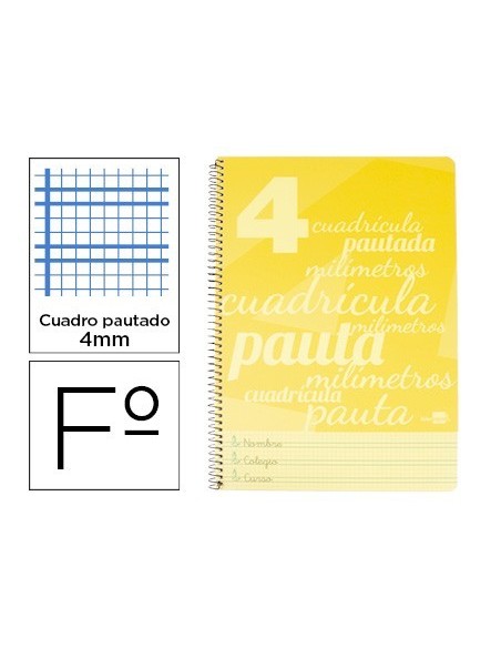 CUADERNO ESPIRAL LIDERPAPEL FOLIO PAUTAGUIA TAPA PLASTICO 80H 75GR CUADRO PAUTADO 4MM CON MARGEN COLOR AMARILLO