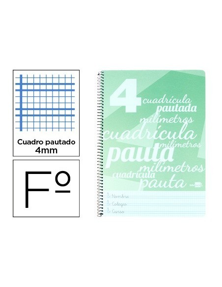 CUADERNO ESPIRAL LIDERPAPEL FOLIO PAUTAGUIA TAPA PLASTICO 80H 75GR CUADRO PAUTADO 4MM CON MARGEN COLOR VERDE