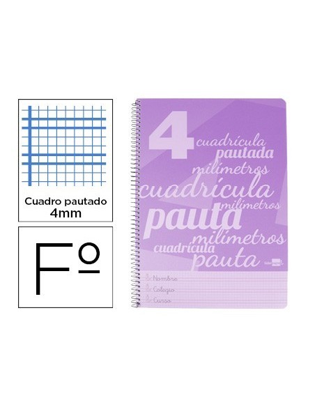 CUADERNO ESPIRAL LIDERPAPEL FOLIO PAUTAGUIA TAPA PLASTICO 80H 75GR CUADRO PAUTADO 4MM CON MARGEN COLOR VIOLETA