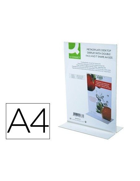 EXPOSITOR SOBREMESA Q-CONNECT CON FORMA DE T METACRILATO TAMAÑO A4 A DOS CARAS