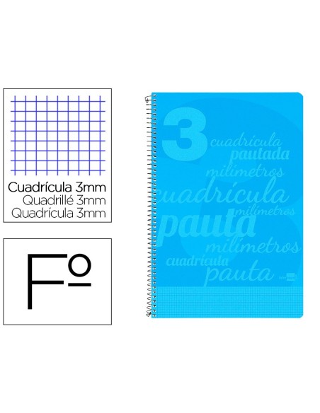 CUADERNO ESPIRAL LIDERPAPEL FOLIO PAUTAGUIA TAPA PLASTICO 80H 75GR CUADRO PAUTADO 3MM CON MARGEN COLOR AZUL