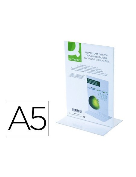 EXPOSITOR SOBREMESA Q-CONNECT CON FORMA DE T METACRILATO TAMAÑO A5 A DOS CARAS