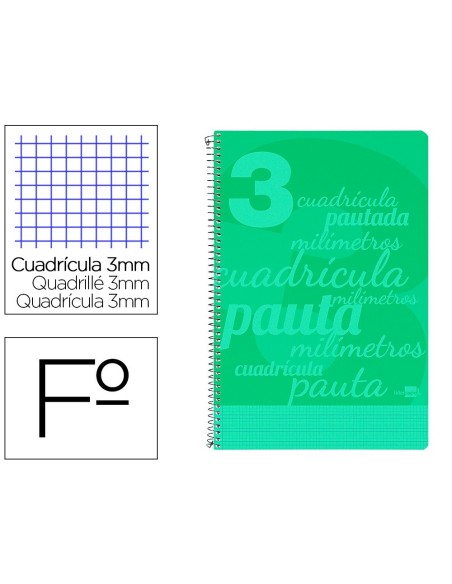 CUADERNO ESPIRAL LIDERPAPEL FOLIO PAUTAGUIA TAPA PLASTICO 80H 75GR CUADRO PAUTADO 3MM CON MARGEN COLOR VERDE