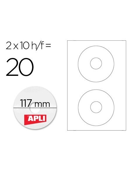 ETIQUETA ADHESIVA APLI 10603 TAMAÑO CD-ROM 117 MM PARA FOTOCOPIADORA LASER INK-JET CAJA CON 10 HOJAS/20 ETIQUETAS