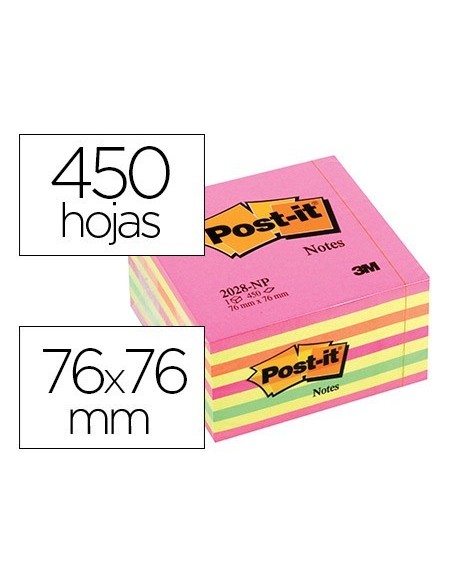 BLOC DE NOTAS ADHESIVAS QUITA Y PON POST-IT 76X76 MM CUBO COLOR ROSA NEON 450 HOJAS